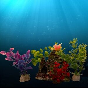 Aquarium Decor: Little Poly Resin Cave And 5 Soft Plastic Plants